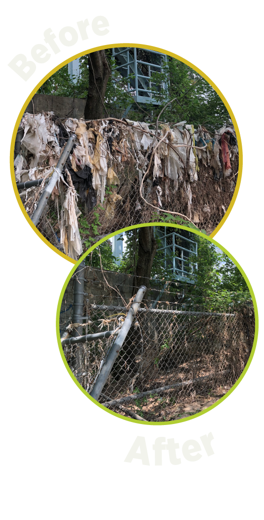 Before and after of a fence covered in trash being cleaned up.